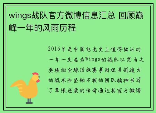 wings战队官方微博信息汇总 回顾巅峰一年的风雨历程