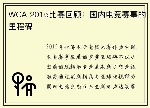 WCA 2015比赛回顾：国内电竞赛事的里程碑